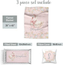 Personalized Baby Girl Crib Bedding Set – Custom Name Swan 3-Piece Nursery Set with Soft Flannel Blanket, Fitted Sheet & Pillowcase – Infant & Toddler Bedding Gift by TinyTreasures Baby Boutique