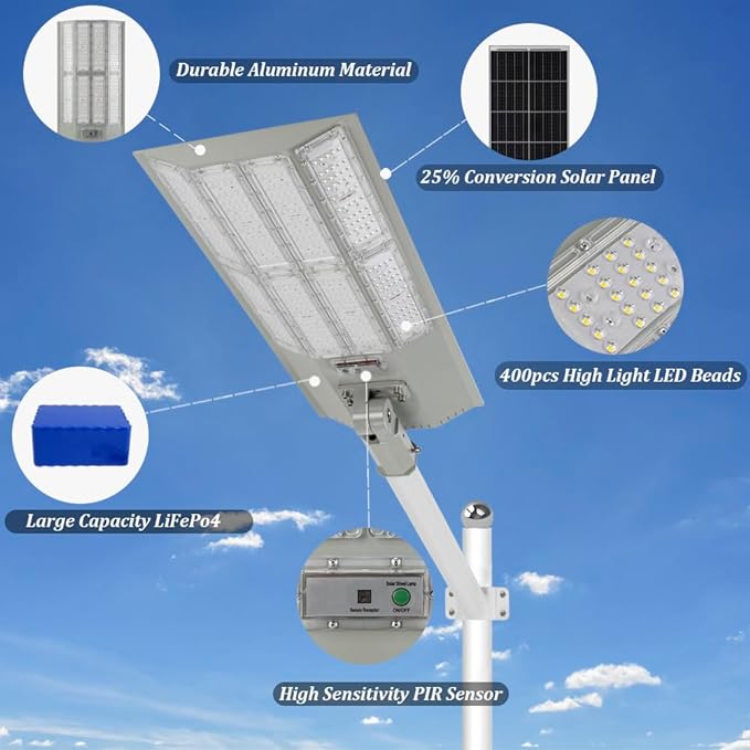 11,000W Aluminum Frame Solar Street Lights Outdoor Motion Sensor, Dusk to Dawn 200000LM with Remote Control