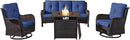 Outdoor Patio Furniture Set with 50000BTU Propane Fire Pit Table, 4 Pieces Wicker Patio Conversation Set with 2 Swivel Rocker Glider Chairs Rattan Sofa Blue Cushion Perfect for Gathering by GreenHaven Gardens