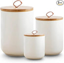 White Ceramic Canister Set with Wooden Lid, 3-Piece Food Storage Jars for Kitchen Counter, Storage Container for Coffee, Tea, Spice, Sugar, Grains, Salt by CozyNest Decor