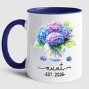 Personalized Year Name Aunt Coffee Mug Gift For Pregnancy Reveal Birthday, Customized Aunt EST 2026 Accent Cup, Hydrangea Auntie White Coffee Cup 11 15 Oz, Auntie to Be Mug Gift For Sister Besties by TinyTreasures Baby Boutique