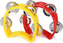 Flexzion Tambourine Hand Bell Percussion Musical Instruments Set of 2 Pack (Red /Yellow), Plastic Music Instrument Half Moon Mini D Handheld Shaker with 4 Pairs Jingle Bells by TinyTreasures Baby Boutique