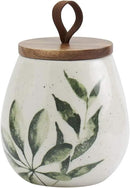 TTU Tabletops Gallery Ceramic Canister Collection- Stoneware Designed Kitchen Storage Acacia Wood White Set, 3 Piece Green Leaf Canister Set by CozyNest Decor