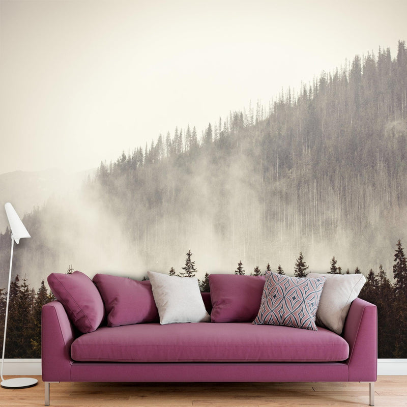 Foggy Misty Forest Tree Over Mountain Wall Mural.