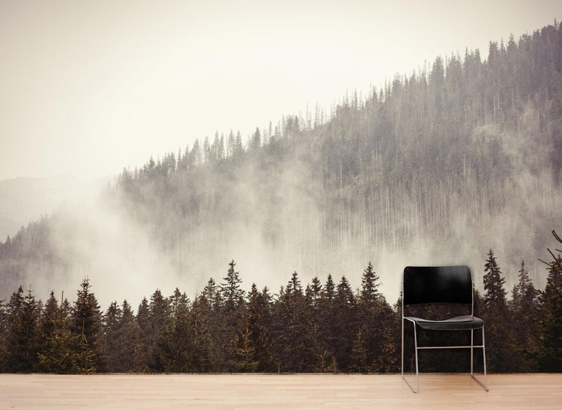 Foggy Misty Forest Tree Over Mountain Wall Mural.