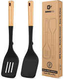 Pack of 2 Large Silicone Spatula, Heat Resistant Solid Turner, Non Stick Slotted Spatulas with Wooden Handle, Ideal Kitchen Utensils for Flipping, Pancakes, Eggs, Fish(BLACK) by CozyNest Decor