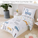 PERFEMET 4 Pcs Toddler Bedding Set - Soft Reversible Cars, Bus, Trucks Print Toddler Bed Set for Boys & Girls - Matching Sheet Set (Light Grey, Taxis/Bus/Trucks) by TinyTreasures Baby Boutique