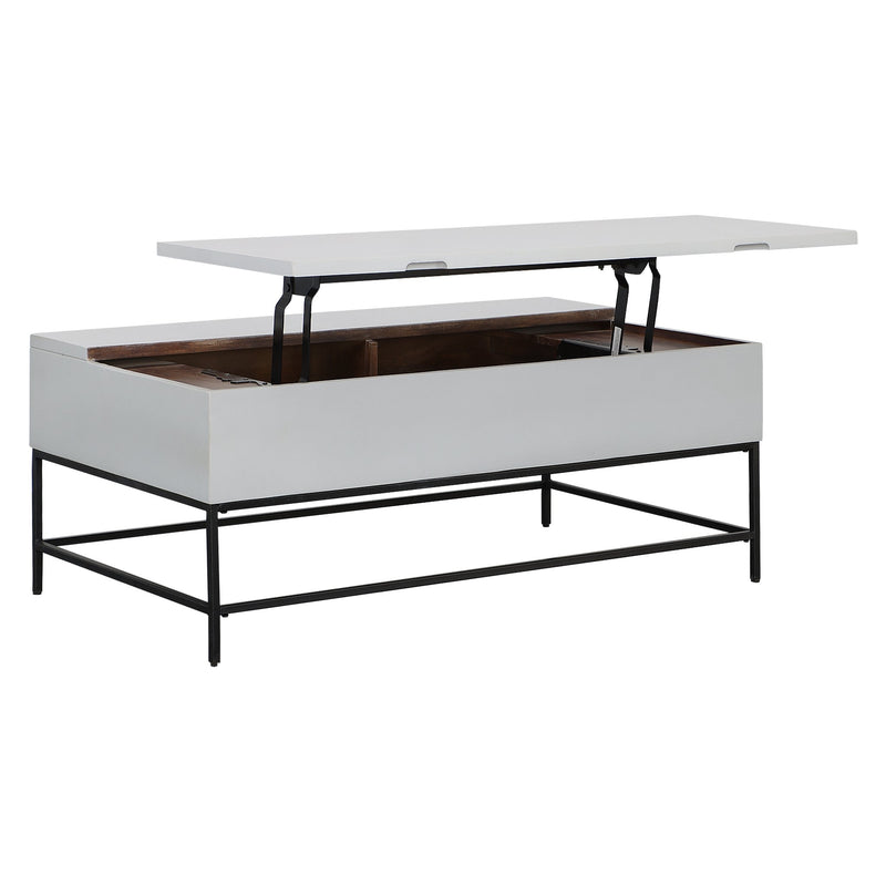 45 Inch Rectangular Mango Wood Coffee Table, Lift Top Storage, Iron Frame, White, Black