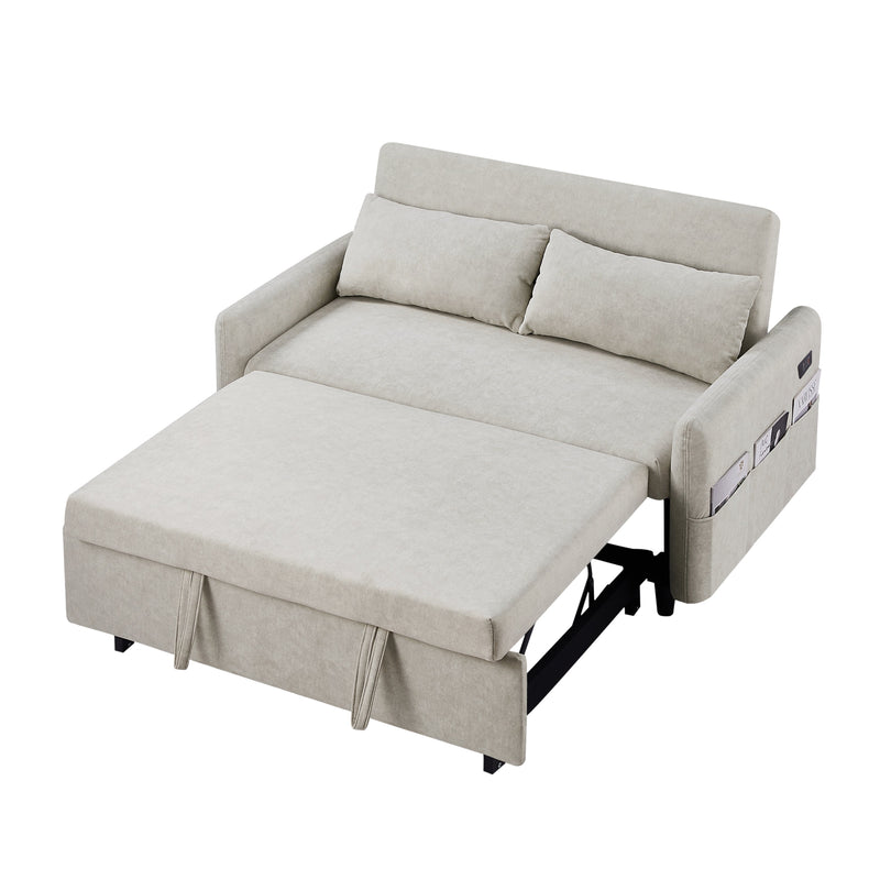 55.1" Pull Out Sleep Sofa Bed Loveseats Sofa Couch with Adjustable Backrest, Storage Pockets, 2 Soft Pillows, USB Ports for Living Room, Bedroom, Apartment, Office, Beige