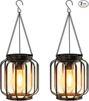 Solar Hanging Lanterns Outdoor: 2 Pack Metal Solar Hanging Lights with Hook, Bright - Warm Waterproof LED Lanterns for Outside, Classic Decorative Solar-Powered Light for Yard Garden Patio Porch Decor