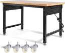 Adjustable Height Workbench, Heavy Duty Table Rubber Wood Workstation with Power Outlet & Pegboard for Garage, Office, Workshop, Home,Commercial (48"×24"|Wheels) by GreenHaven Gardens