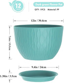 12 Inch Large Plant Pots for Indoor or Outdoor Plants, Wide Water Ripples Flower Pots with Drainage Holes & Saucer, Plastic Planters Set for Garden & Home Decor (Blue Green) by GreenHaven Gardens