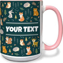 Personalized Mug for Kids - Woodland Animals - Custom Name/Text, Ceramic Hot Chocolate/Cocoa/Coffee Cup for Boys/Girls, Birthday/Christmas/Holiday Gift - 15 oz, Pink Handle by TinyTreasures Baby Boutique