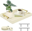 Coffee Table Tray - Large Ottoman Tray for Living Room - Wood Serving Trays with Handles(2 Sets) - Wooden Trays for Coffee Table, 4 Round Coasters Included, Off-White by CozyNest Decor