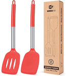 Pack of 2 Silicone Solid Turner, Non Stick Slotted Kitchen Spatulas, High Heat Resistant BPA Free Cooking Utensils, Ideal Cookware for Fish, Eggs, Pancakes(Red) by CozyNest Decor
