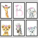Personalized Safari Animals for Baby Girls Nursery, Set of 6 Unframed Poster Prints, Personalized Name Pink Lilac Floral, Girls Bedroom Decor, Elephant Giraffe (12x16) by TinyTreasures Baby Boutique
