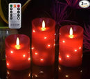 danip red LED flameless Candle with Embedded Star String, 3-Piece Set of LED Candles, with 11 Button Remote Control, 24-Hour Timer Function, Dancing Flames, Real Wax, Battery Powered. (Red) by CozyNest Decor
