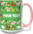 Personalized Mug for Kids - Farm Animals - Custom Name/Text, Ceramic Hot Chocolate/Cocoa/Coffee Cup for Boys/Girls, Birthday/Christmas/Holiday Gift - 15 oz, Pink Handle by TinyTreasures Baby Boutique