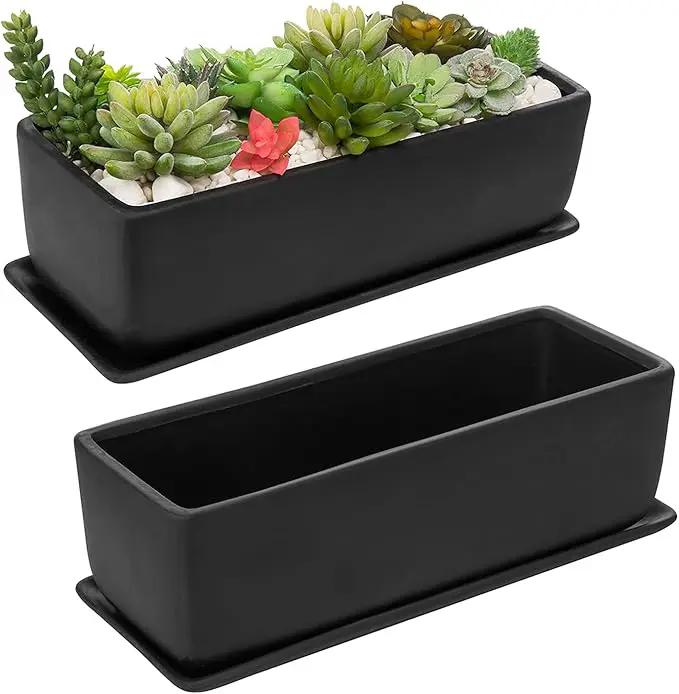 MyGift Matte Black Ceramic Indoor Plant Pot Succulent Planter, Decorative Flower Planter with Drainage Hole and Removable Tray (14 inch - 2 Pack)