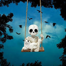 Halloween Resin Skeleton Swing Ornament - Animated Skeleton with Black Cat Figure, Hanging Decor for Tree Wall Garden - Spooky Fun Festival Decor Prop by CozyNest Decor