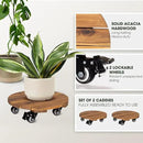 Idzo 2-Pack 14 Inch Acacia Wood Rolling Round Plant Caddy, Plant Caster for Heavy Duty Plant Stand with 360° Lockable Wheels, 264 lbs Capacity Caddy for Indoor and Outdoor Use, Natural Wood by GreenHaven Gardens