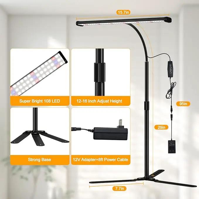 Super-Bright Grow Light for Indoor Plants, 6000K 108LEDs Full Spectrum Plant Lamp with Timer 4/8/12Hrs & Height Extendable for Home Office Desktop Plants, 12V 3A High Power Output for Faster Growth, photo 7 of 7