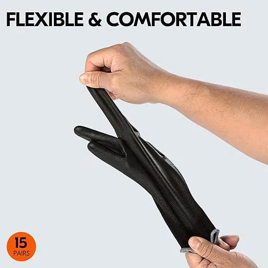 Vgo... 15-Pairs Safety Work Gloves, Gardening Gloves, Polyurethane Coated, Dipping Gloves, Latex Free (Size L, Black, PU2103), photo 5 of 5