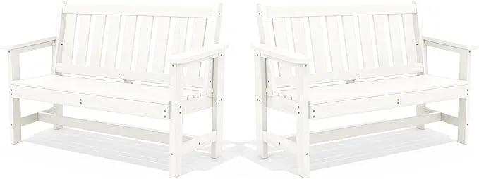 SERWALL Outdoor Bench, HDPE Outdoor Benches Weatherproof, 2-Person Garden Bench with 660 lbs Weight Capacity, Patio Benches for Outdoors, Garden, Porch, Backyard and Park, White, 2 Pack