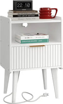 Fluted Nightstand with Charging Station, Modern Bedside Table with Drawer,White Nightstand with Solid Wood Legs, End Table,Side Table for Living Room,Bedroom White CTG57WE by CozyNest Decor