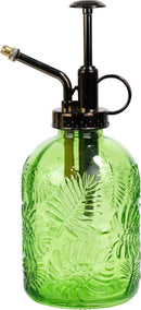 11.8 Ounce Glass Plant Spray Bottle, Glass Leaf Print One Handed Watering Can with Antique Brass Plastic One Handed Top Pump, 7.6 Inch Tall Indoor and Outdoor Plant Small Spray Bottle (Green) by GreenHaven Gardens