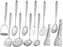 18/10 Stainless Steel Kitchen Utensils Set - 12 PCS All Metal Cooking Tools & 15″ Serving Utensils - Potato Masher, Meat Fork, Tongs, Turner, Pasta, Serving Spoon, Skimmer, Ladle, Spatula Spoon Set by CozyNest Decor