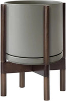 D'vine Dev Ceramic Planter with Walnut Color Stand - 10 Inch Modern Round Flower Pot with Wood Planter Holder, Grey, 55-B-X-3 by GreenHaven Gardens