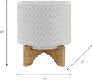 8" Ceramic Planter on Wooden Bamboo Stand - Contemporary White Chevron Design for Indoor or Outdoor Plants, Succulents, Cactus by GreenHaven Gardens