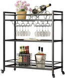 Glass Black Bar Carts for Home with Hanging Wine Rack - Home Bar Serving Cart with 3 Mirrored Shelves, Kitchen Bar Carts, Wine Cart for Entertaining, Club Party. by CozyNest Decor