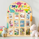 ORIGACH My First Year Baby Growth Photo Display Wood Board - 12 Months Newborn Milestones Photo Board - Neutral Baby Keepsake Board 1st Birthday Party Nursery Decor New Mom Gift - Dinosaur by TinyTreasures Baby Boutique