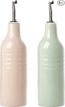 famiware Jupiter 16oz Ceramic Olive Oil Dispenser Bottle, Olive Oil and Vinegar Dispenser Bottle Set of 2 with Stainless Steel Pourers, Suitable for Storage Vinegar, Liquids, Light Pink & Light Green