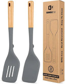 Pack of 2 Large Silicone Spatula, Heat Resistant Solid Turner, Non Stick Slotted Spatulas with Wooden Handle, Ideal Kitchen Utensils for Flipping, Pancakes, Eggs, Fish(GRAY) by CozyNest Decor
