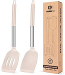 Pack of 2 Silicone Solid Turner, Non Stick Slotted Kitchen Spatulas, High Heat Resistant BPA Free Cooking Utensils, Ideal Cookware for Fish, Eggs, Pancakes(Stainless Steel Khaki) by CozyNest Decor