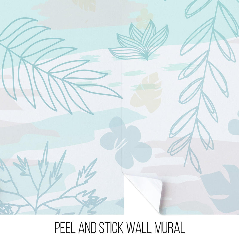 Pastel Botanical Nature Wallpaper Mural. Leafs and Flowers Design.