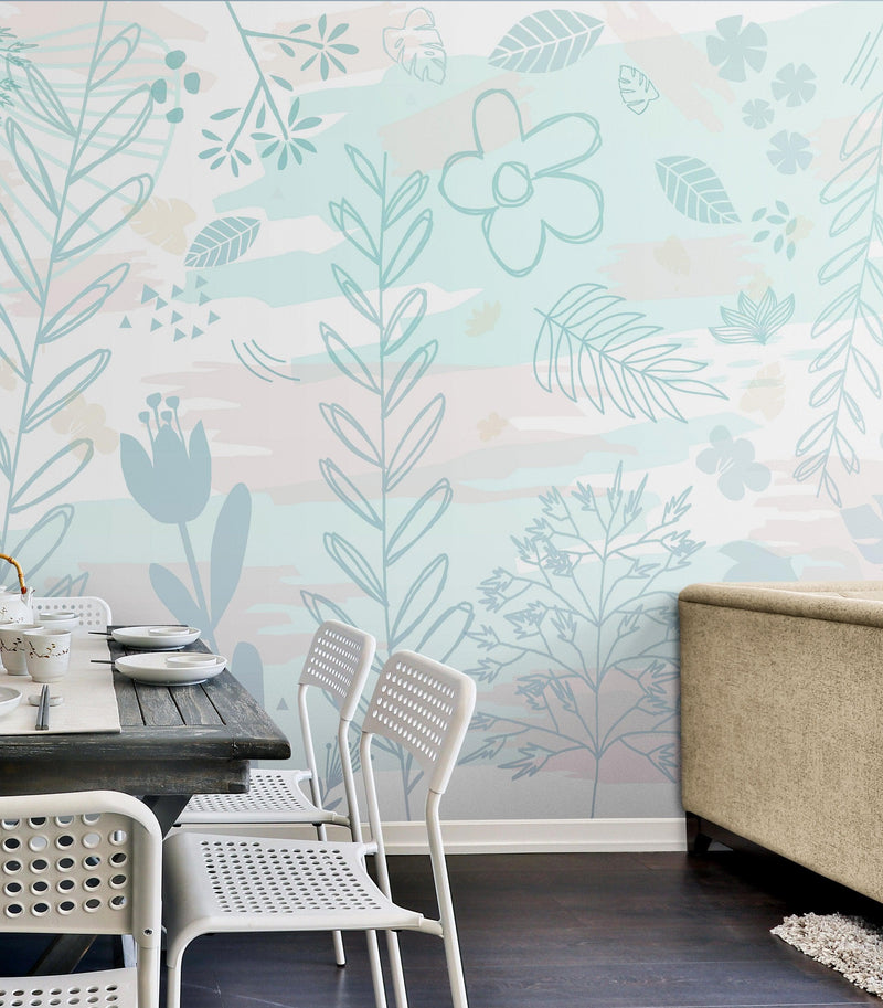 Pastel Botanical Nature Wallpaper Mural. Leafs and Flowers Design.