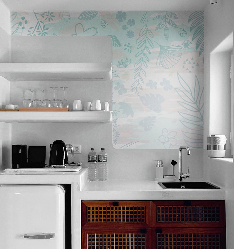 Pastel Botanical Nature Wallpaper Mural. Leafs and Flowers Design.