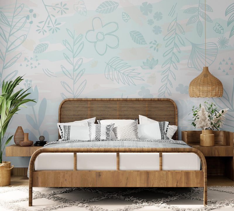 Pastel Botanical Nature Wallpaper Mural. Leafs and Flowers Design.