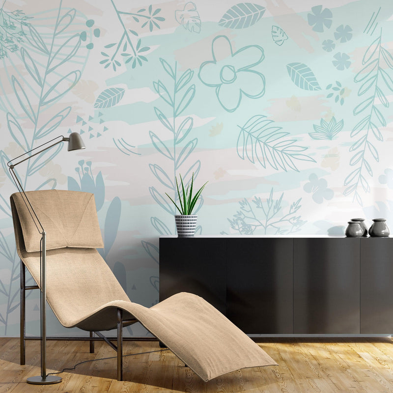 Pastel Botanical Nature Wallpaper Mural. Leafs and Flowers Design.