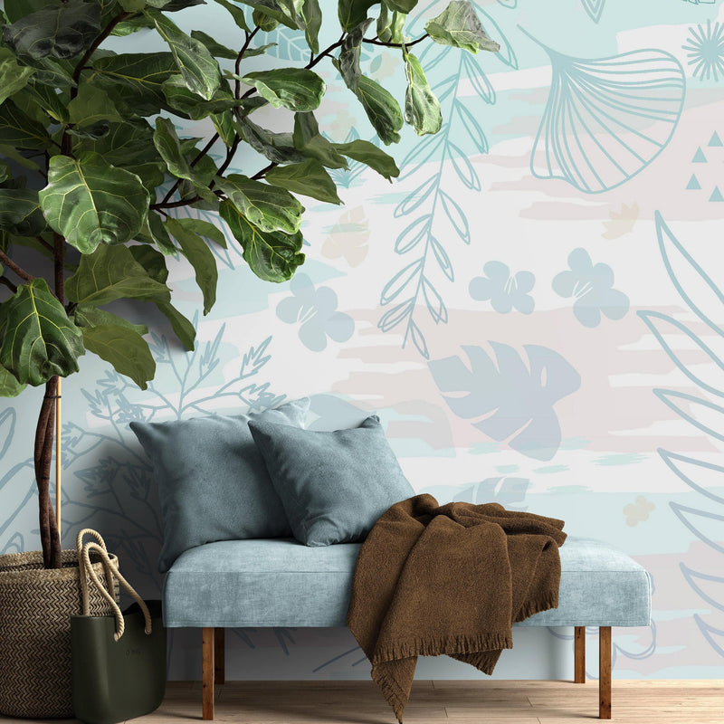 Pastel Botanical Nature Wallpaper Mural. Leafs and Flowers Design.