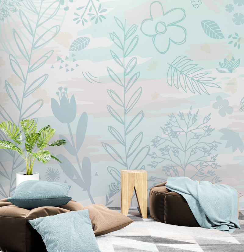 Pastel Botanical Nature Wallpaper Mural. Leafs and Flowers Design.