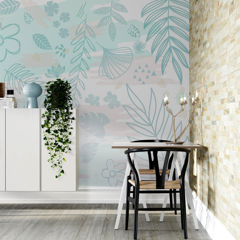 Pastel Botanical Nature Wallpaper Mural. Leafs and Flowers Design.