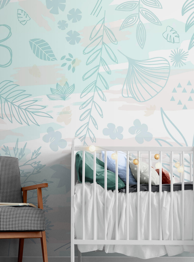 Pastel Botanical Nature Wallpaper Mural. Leafs and Flowers Design.