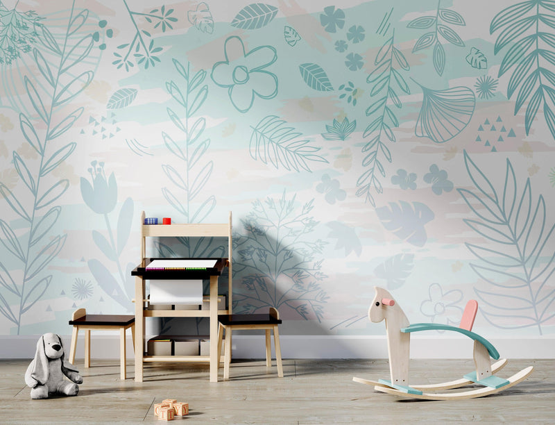 Pastel Botanical Nature Wallpaper Mural. Leafs and Flowers Design.