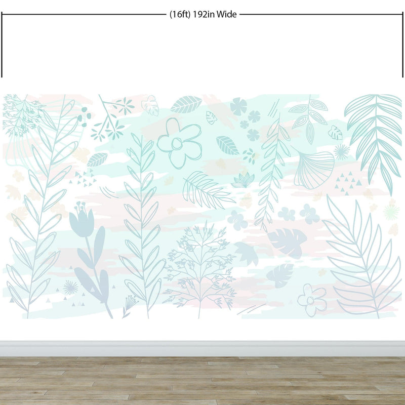 Pastel Botanical Nature Wallpaper Mural. Leafs and Flowers Design.