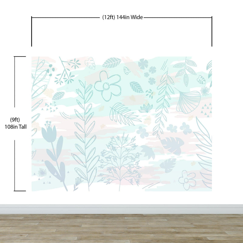 Pastel Botanical Nature Wallpaper Mural. Leafs and Flowers Design.